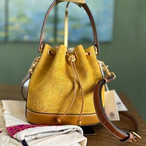 NWT! NEW! Tory Burch T-Monogram SUEDE EMBOSSED Bucket -large(Deep Sunflower)